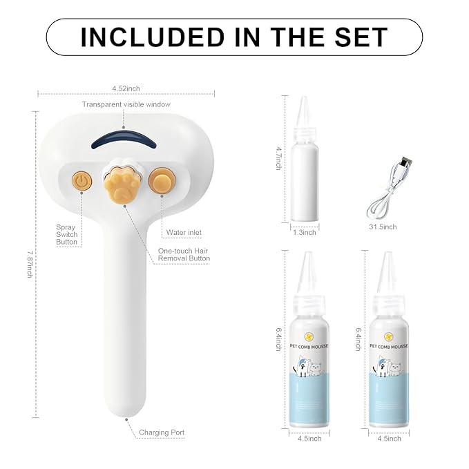 Pet Steam Brush for Dog &amp; Cat – 3-in-1 Spray Hair Removal Comb – Steam for Shedding &amp; Grooming – Water Brush for Long &amp; Short Haired Pets – Spritz Defur Comb