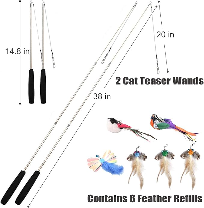 Interactive Cat Wand Toys Set, 2PCS Cat Teaser with 6 Replacement Birds, Feathers &amp; Bells for Indoor Play