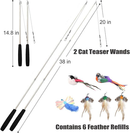 Interactive Cat Wand Toys Set, 2PCS Cat Teaser with 6 Replacement Birds, Feathers &amp; Bells for Indoor Play
