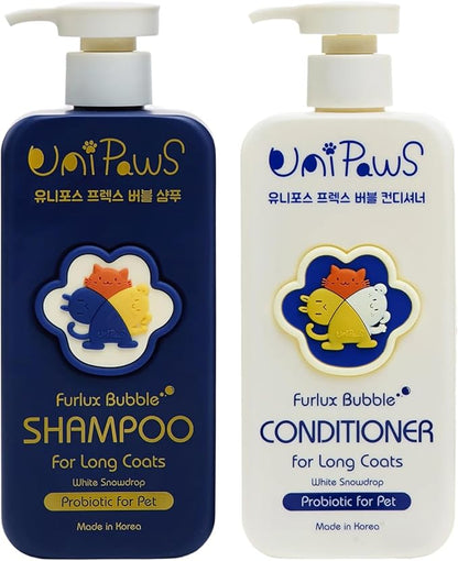 Unipaws Biotin Shampoo &amp; Conditioner Set for Long-Haired Dog – Detangling, Deshedding, Thicking Hair for Senzitive Skin Healthy, Lustrous Fur – Medicated &amp; EWG Green, Made in Korea, 2×16.9 Fl Oz