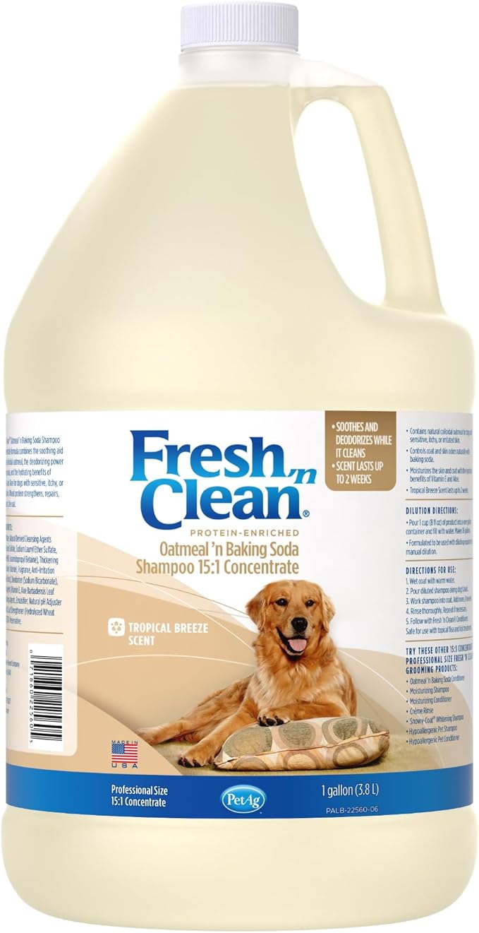 PetAg Fresh ’n Clean Oatmeal ’n Baking Soda Shampoo - Tropical Fresh Scent (15:1 Concentrate) - 1 Gallon - Nurtures Dry, Itchy Skin with Vitamin E &amp; Aloe - Strengthens &amp; Repairs - Soap Free