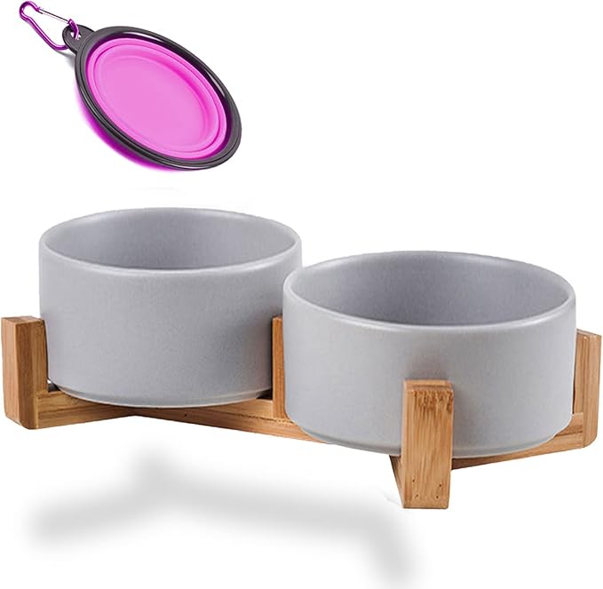 Petygooing Ceramic Dog Bowl Set with Wood Stand, Grey, 13.5OZ/5.1 in, Suitable for Cats &amp; Small Dogs