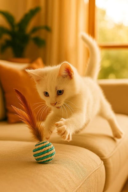 Ball for cat with Feathers - Balls for Cats – Natural Toy for Indoor Cats – Eco-Friendly, Durable, Interactive Play Balls for Kittens – Pet-Safe Chew &amp; Scratch Toys (Sky Blue)