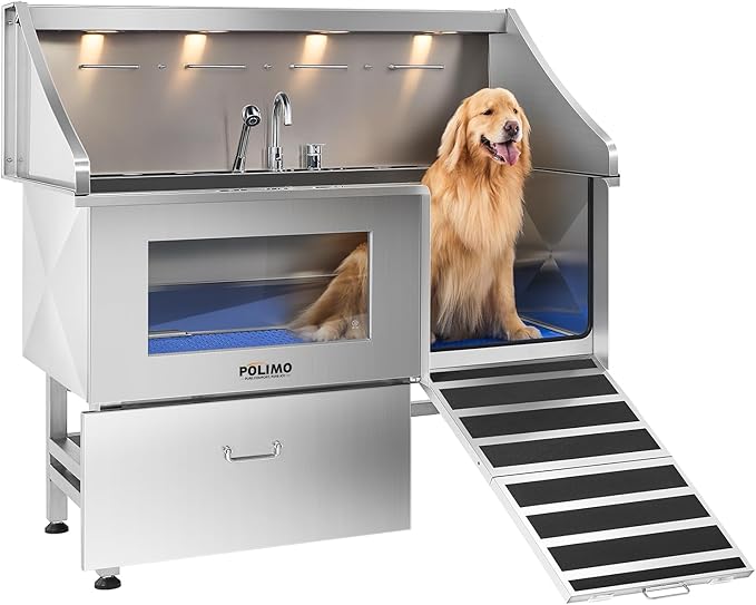 POLIMO Dog Washing Station, LED Professional Stainless Steel Dog Bathing Station 61", Dog Grooming Tub for Large, Medium &amp; Small Dog - with Window, Ramp, Drawer, Floor Grate &amp; Faucet (Right RAMP, 61")