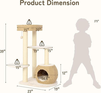 KAMABOKO Modern Cat Tree, 39" Tall Cat Trees for Kittens Climb Play &amp; Rest, Cat-Tree for Indoor Cats w/Natural Sisal Scratching Posts, Hand-Woven Condo &amp; Top Perch