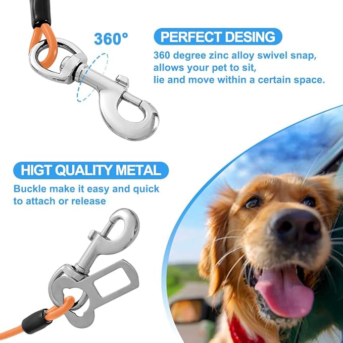 Dog Seat Belt Harness for Car,Dog Seatbelt of Coated Wire Leash Safety Restraint,No Chew Tether Cable Vehicle,Double Clips &amp; Latch(Orange, 24 inch/60 CM)