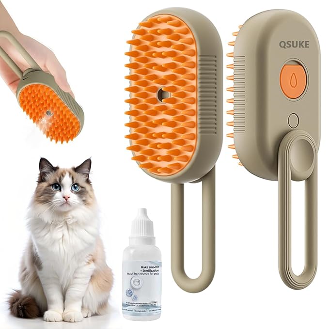 3 in 1 Cat Steam Brush, Pet Steam Cats Brushes Rechargeable Anti-Static Grooming Brushe, Vibration Massage Cleaning Shedding &amp; Combing Multifunctional Hair Removal Comb for Cats Dog (Khaki)