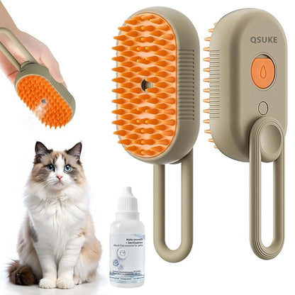3 in 1 Cat Steam Brush, Pet Steam Cats Brushes Rechargeable Anti-Static Grooming Brushe, Vibration Massage Cleaning Shedding &amp; Combing Multifunctional Hair Removal Comb for Cats Dog (Khaki)