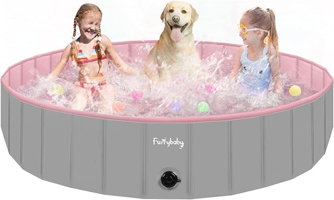 Furrybaby Dog Pool, Foldable Dog Pools for Large Dogs Portable Kiddie Pool Pet Doggie Wading Swimming (Pink 63&