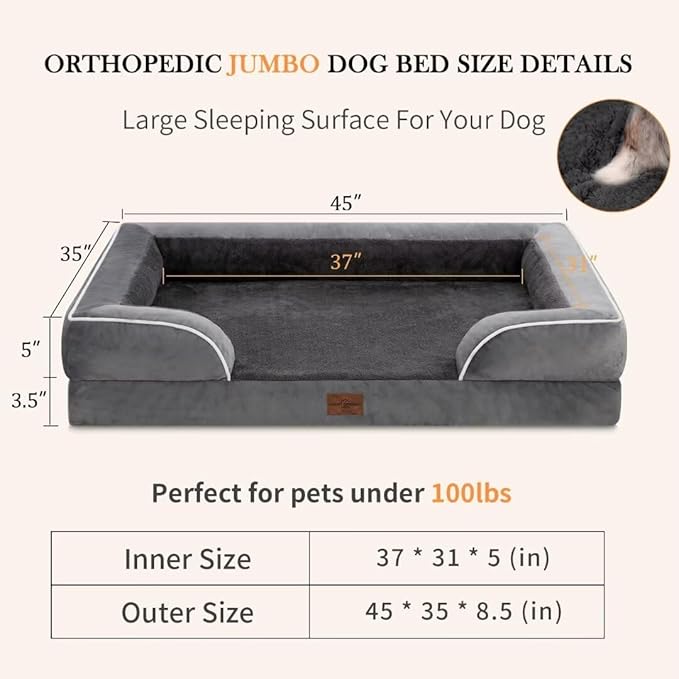Comfort Expression Cooling Dog Bed, Jumbo Dog Bed for Extra Large Dogs, Memory Foam Orthopedic Bed, Large Breed Dogs, Waterproof Beds with Bolster &amp; Removable Cover(Jumbo,Leaden Grey)