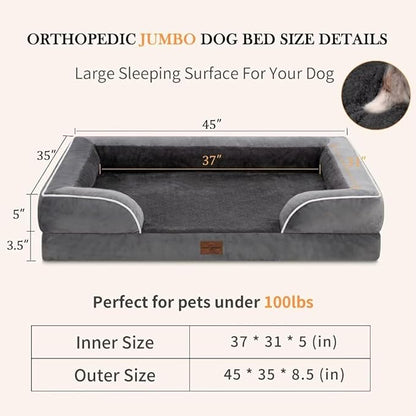 Comfort Expression Cooling Dog Bed, Jumbo Dog Bed for Extra Large Dogs, Memory Foam Orthopedic Bed, Large Breed Dogs, Waterproof Beds with Bolster &amp; Removable Cover(Jumbo,Leaden Grey)