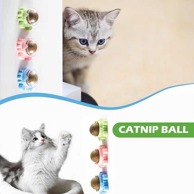 4 Pack Catnip Balls Roller Wall Ball for Cats Spinning Catnip Station Licking Balls Organic Cat nip Chew Ball for Teeth Cleaning &amp; Play