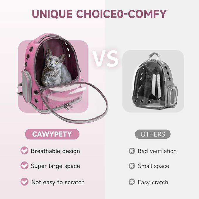 Cat Backpack Carrier, Breathable Cat Carrier Large Space Bubble Pet Backpack for Kitty Small Dog up to 15lbs, Transparent &amp; Foldable Pet Carrier for Travel Hiking（Pink）