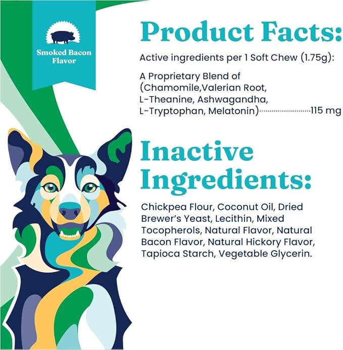 Solid Gold Calming Chews for Dogs - Dog Calming Chews W/Melatonin for Separation, Stress &amp; Hyperactivity Relief - Supports Relaxation for Travel, Fireworks &amp; Storms - All Ages &amp; Sizes - Bacon - 60ct