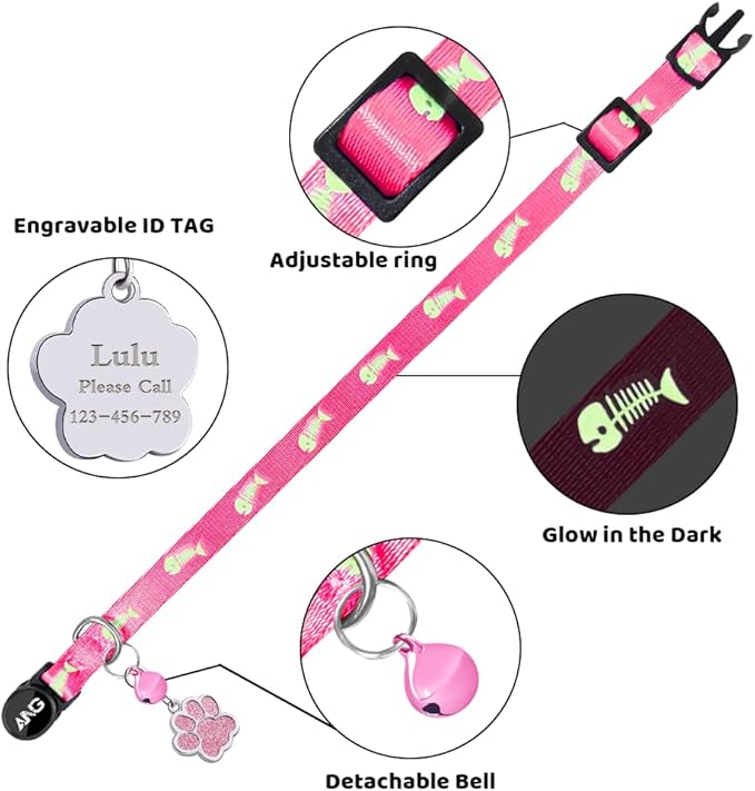 Personalized Breakaway Cat Collars Glow-in-The-Dark with ID Tag, Bell - Safety Quick - Release, Customizable for Female Male Kittens &amp; Cats (Pink)