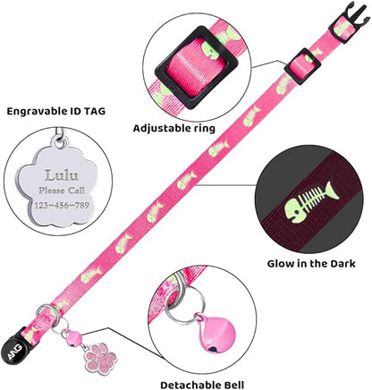 Personalized Breakaway Cat Collars Glow-in-The-Dark with ID Tag, Bell - Safety Quick - Release, Customizable for Female Male Kittens &amp; Cats (Pink)