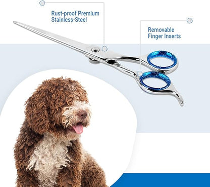 Laazar Pet Grooming Set - 7" Straight Pet Grooming Scissors &amp; 6.5" Pet Thinning Shears with 42 Teeth | Professional Dog Scissors Kit | Use as Cat and Dog Shears