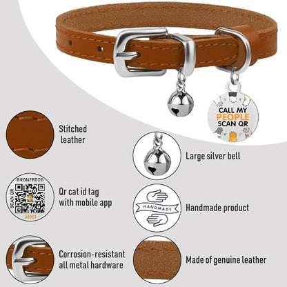 BRONZEDOG Leather Cat Collar with Removable Bells Non Breakaway Kitten QR Tag for Girl Boy (9" - 12" Cats/Mini Dogs, Light Brown &amp; Silver)