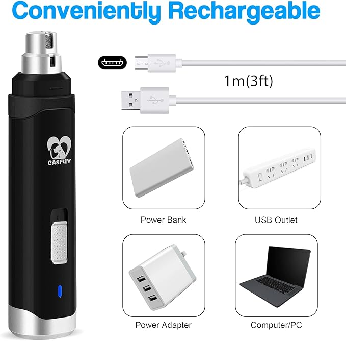 Casfuy Dog Nail Grinder Upgraded - Professional 2-Speed Electric Rechargeable Pet Nail Trimmer Painless Paws Grooming &amp; Smoothing for Small Medium Large Dogs &amp; Cats (Black)