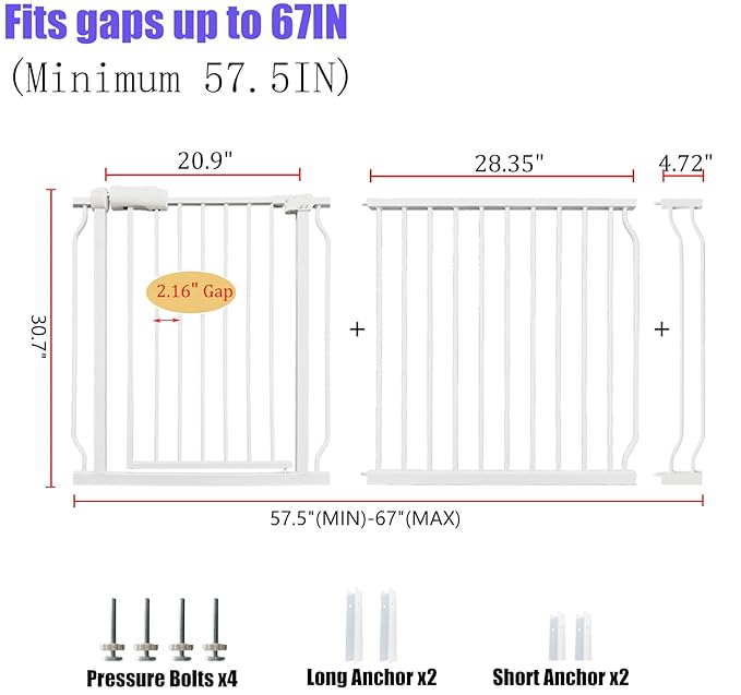 Extra Wide Baby &amp; Dog Gate 62-67 Inch, Pressure Mounted No Drilling, Adjustable Indoor Safety Gate for Stairs &amp; Wide Doorways - Metal Design for Kids and Pets, White