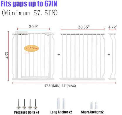 Extra Wide Baby &amp; Dog Gate 62-67 Inch, Pressure Mounted No Drilling, Adjustable Indoor Safety Gate for Stairs &amp; Wide Doorways - Metal Design for Kids and Pets, White