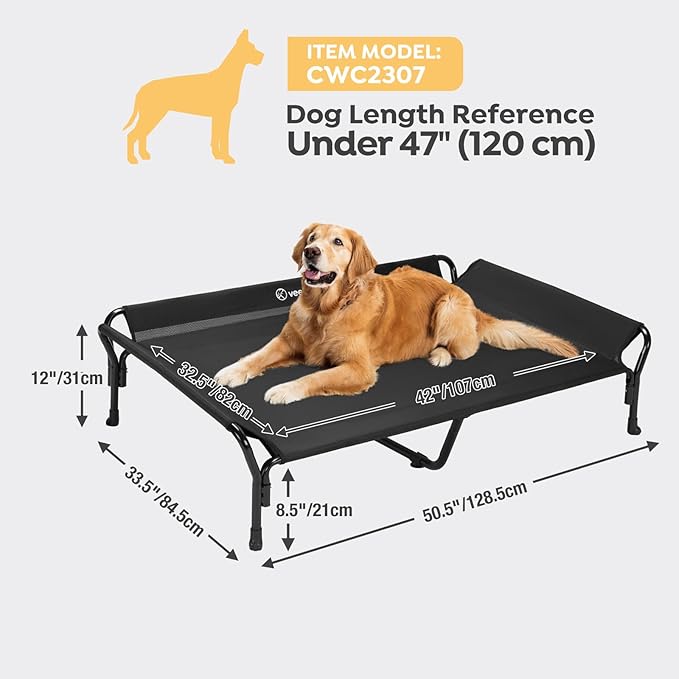 Veehoo Cooling Elevated Dog Bed, XL Raised Pet Cot with Guardrail &amp; Slope Headrest, Durable Breathable Teslin Mesh, Non-Slip Feet, Washable Dog Couch Bed for Indoor &amp; Outdoor, 50.5" x 33.5, Black