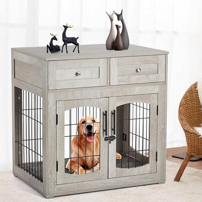 Dog Crate Furniture for Large Dogs, Wooden Dog Kennel Indoor with Double Doors, Dog Cage with Cushion &amp; Drawers, Dog House Side End Table for Large Medium Dogs up to 70 lb, 39.4” L, Grey