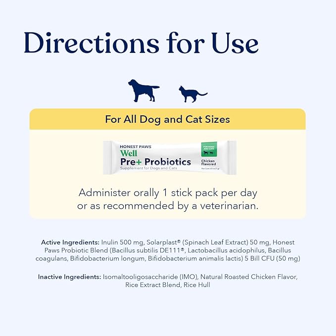 Honest Paws Probiotics for Dogs - Digestive &amp; Immune Support Powder with Prebiotic Made in The USA, Chicken Flavor (30 Sticks)
