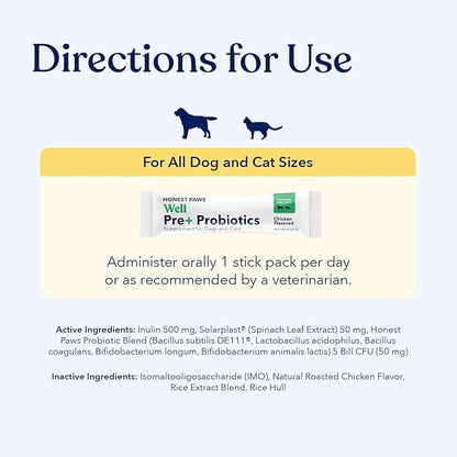 Honest Paws Probiotics for Dogs - Digestive &amp; Immune Support Powder with Prebiotic Made in The USA, Chicken Flavor (30 Sticks)