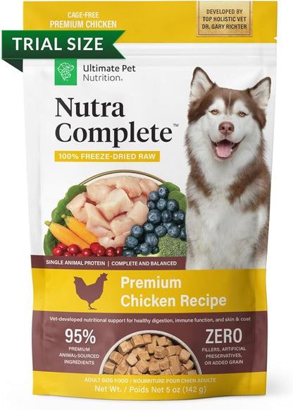ULTIMATE PET NUTRITION Nutra Complete Freeze Dried Raw Dog Food, Veterinarian Formulated with Antioxidants, Prebiotics &amp; Amino Acids (5 Ounce, Chicken)