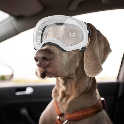 NAMSAN Clear Dog Goggles for Large Dogs, Wide Eyecup &amp; Soft Frame, Anti-UV Sunglasses for Dogs Medium to Large Breed, Driving Dog Eye Protection, Windproof Dustproof, Adjustable, White Frame