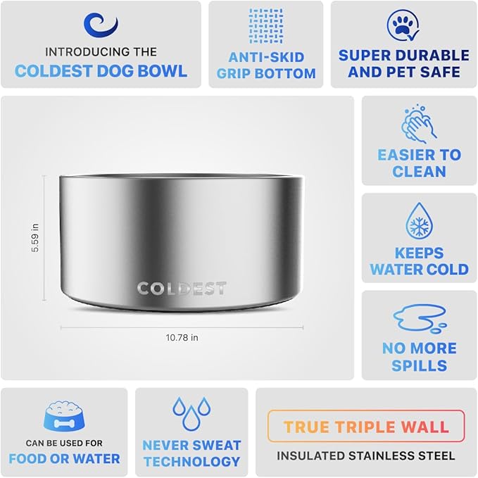 Coldest Dog Bowl - Anti Rust Metal, Non Slip, 3 Layers Insulated Stainless Steel Dog Bowls - Spill Proof &amp; Heavy Duty - Water Bowl for Dogs, Cats, Dish Washer Safe (200 oz, Polished Stainless Steel)