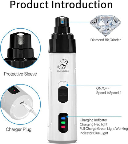 Electric Dog Nail Grinder - USB Rechargeable Electric Nail Trimmer with 3 Diamond Grinding Heads for Small to Large Dogs &amp; Cats