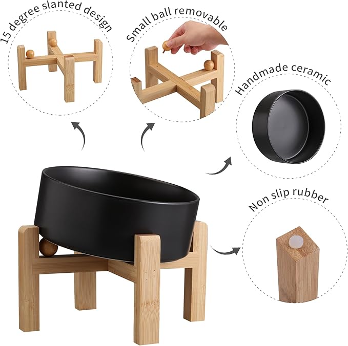 Black Elevated/Raised 15°Tilted Anti Slip Ceramic Dog Bowl for Medium &amp; Large Breeds,Slanted Bulldog Big Face Pet Feeding Food Water Dish Stand for Dogs (7.6 Cups/60OZ)