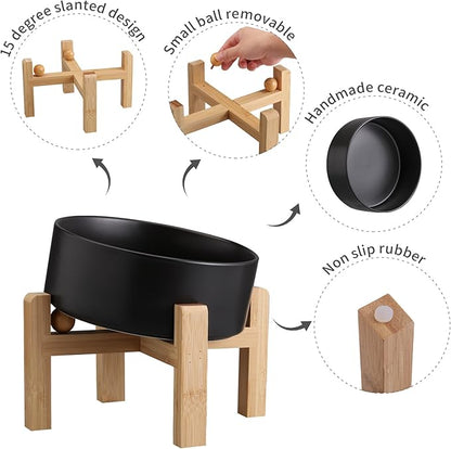 Black Elevated/Raised 15°Tilted Anti Slip Ceramic Dog Bowl for Medium &amp; Large Breeds,Slanted Bulldog Big Face Pet Feeding Food Water Dish Stand for Dogs (7.6 Cups/60OZ)