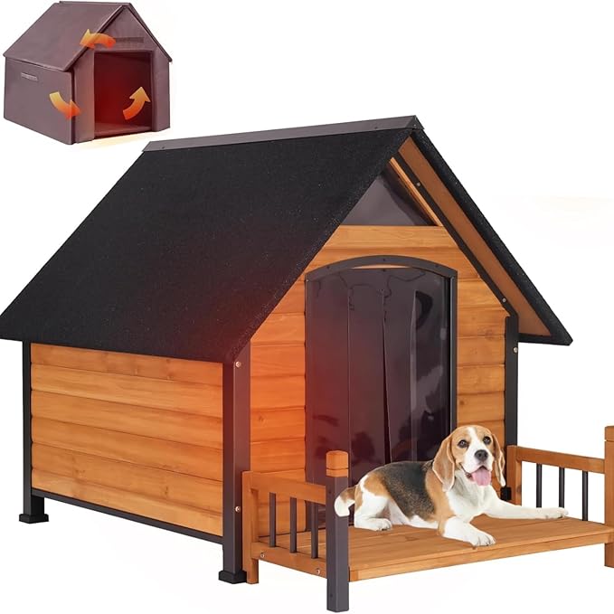 Dog House Outdoor Insulated, Sturdy &amp; Warm Winter Puppy Shelter, 45" L Large Dog Kennel with Chew-Proof Iron Frame, Suitable for Small to Large Dogs(Brown)