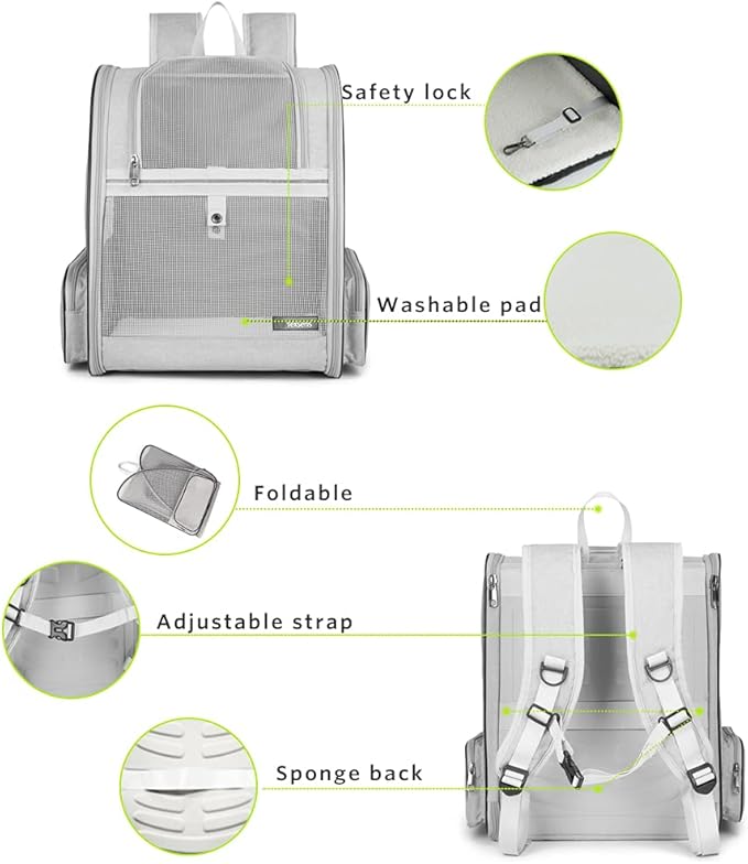 Texsens Pet Backpack Carrier for Small Cats Dogs | Ventilated Design, Safety Straps, Buckle Support, Collapsible | Designed for Travel, Hiking &amp; Outdoor Use (Light Gray)
