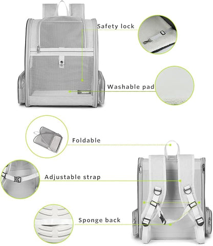 Texsens Pet Backpack Carrier for Small Cats Dogs | Ventilated Design, Safety Straps, Buckle Support, Collapsible | Designed for Travel, Hiking &amp; Outdoor Use (Light Gray)