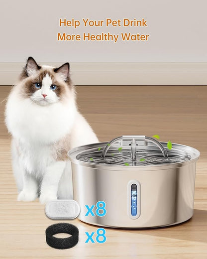 Cat Water Fountain Filter, Filters Replacement for 108Oz/3.2L&amp;67Oz/2L&amp;135Oz/4L Stainless Steel Pet Water Drinking Fountain, Dog Indoor Water Dispenser Fountain Carbon Filter (8 Filters &amp; 8 Sponges)