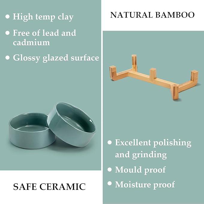 SPUNKYJUNKY Ceramic Dog and Cat Bowl Set with Wooden Stand, Modern Cute Weighted Food Water Set for Small Size Dogs (13.5OZ) &amp; Medium Sized Dogs (28.7OZ) &amp; Cats (1.7 Cups, 2 × Morandi Green)