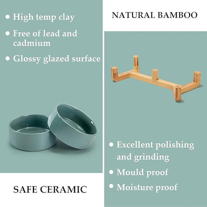 SPUNKYJUNKY Ceramic Dog and Cat Bowl Set with Wooden Stand, Modern Cute Weighted Food Water Set for Small Size Dogs (13.5OZ) &amp; Medium Sized Dogs (28.7OZ) &amp; Cats (1.7 Cups, 2 × Morandi Green)