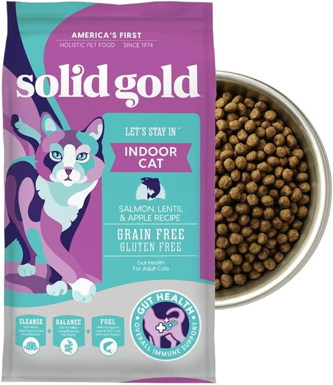 Solid Gold Indoor Dry Cat Food - Grain Free &amp; Gluten Free - Salmon Cat Food Dry Kibble for Indoor Cats w/Probiotics &amp; Fiber for Gut Health - Sensitive Stomach &amp; Hairball Support for Adult Cats - 12LB