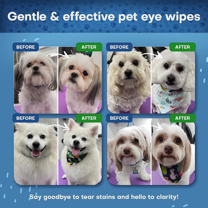 Pet Eye Wipes for Dogs | 3X Larger Unscented Hypoallergenic Gentle Eye Cleaner Wipes for Dogs &amp; Cats | Pet Tear Stain Remover Wipes | 60 Count