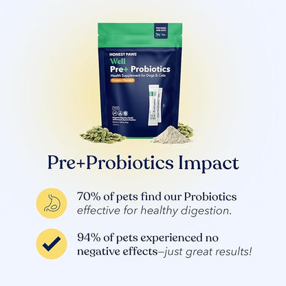 Honest Paws Probiotics for Dogs - Dog Digestion Gut Health Probiotic Powder with Prebiotic Made in The USA, Digestive and Immune Support - Digestive Enzymes with Pumpkin Flavor (30 Sticks)