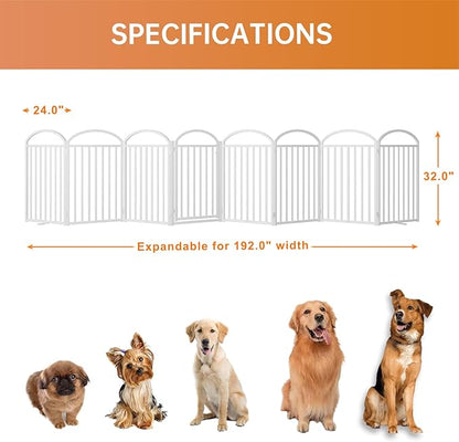 8 Panles Full Matel Freestanding Dog Gates with Door, 192"Extra Wide 32"Tall Free Standing Dog Pet Gate for Indoor &amp; Outdoor. Foldable Pet Fences for Doorways, House, Stairs, Porch, Deck, Yard