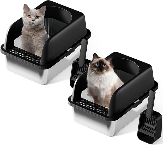 Stainless Steel Cat Litter Box with Lid, 20" L x 14.2" W x11.8 H, Large Cat Litter Box for Multiple Cats with High Sided, No-Leak &amp; Stick, Easy to Clean, Includes Litter Mat &amp; Multi Functional Scoop