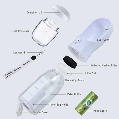 Dog Water Bottle with Food Container &amp; Poop Bag Holder, Travel Water Bowl, Portable Pet Dispenser, Dog Stuff Accessories Items, Puppy Essentials Necessities for Yorkie Chihuahua Walking Hiking