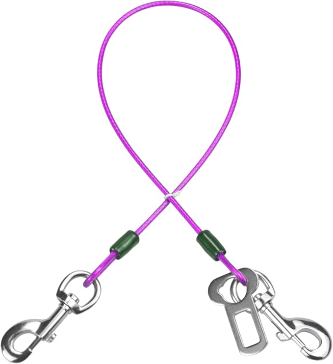 Dog Seat Belt Harness for Car,Dog Seatbelt of Coated Wire Leash Safety Restraint,No Chew Tether Cable Vehicle,Double Clips &amp; Latch (Purple, 24 inch/60 CM)