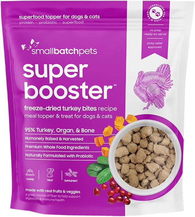 Smallbatch Freeze Dried Dog Treats, Superfood Food Topper Turkey Bites for Dogs &amp; Cats, Probiotics, Organic Ingredients, High Protein, Grain Free Healthy Treat &amp; Food Topper, Made in the USA, 7 oz Bag