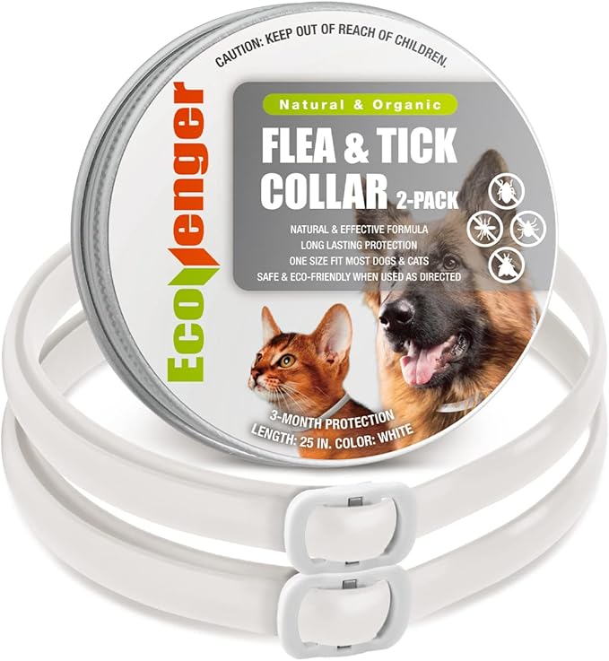 EcoVenger Flea &amp; Tick Collar Repellent 2-Pack White, Fits Both Dogs &amp; Cats, Built-in Pant-Based Formula Strong Repellency Slow Release, Lasting Deterrence and Protection, Pleasant Aroma, Waterproof